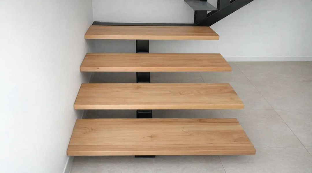Peldaños flotantes de madera instalados sobre estructura metálica