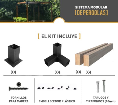 Kit de uniones metálicas para pérgola: 4 bases, 4 codos a 90 grados y tornillería
